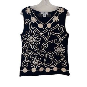 LAUREN MICHELLE Y2K Boho Beaded Soutache Embroidered Sleeveless Top Vest M Blk